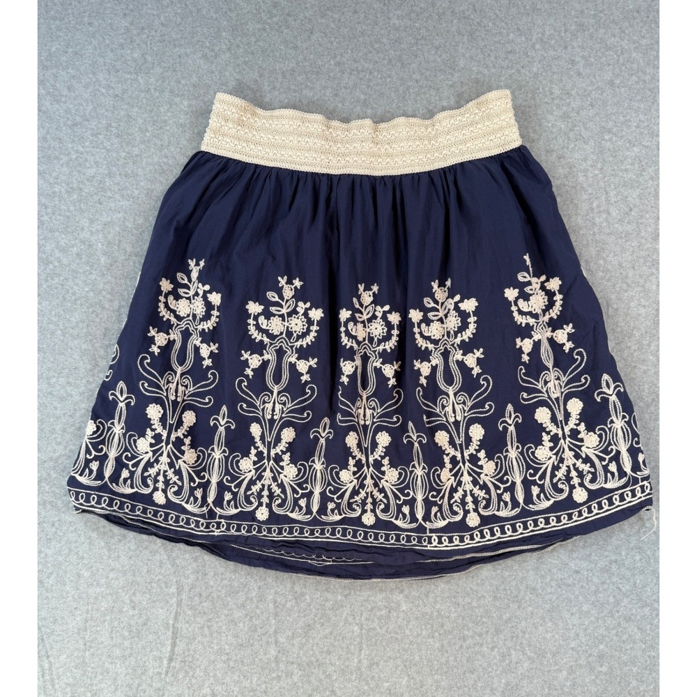 Andi + James Large Mini Skirt Boho Cottagecore Cotton Embroidered Navy